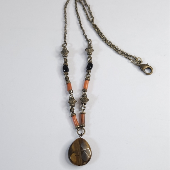 Vintage Yemeni Coral & Black Onyx Stone Beaded Tiger Eye Teardrop Stone Necklace - Picture 16 of 16
